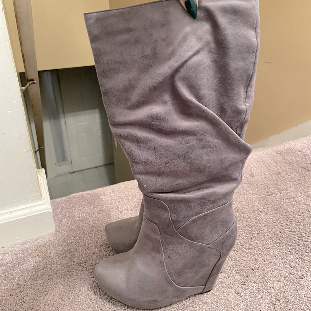 Gray wedge heeled boots